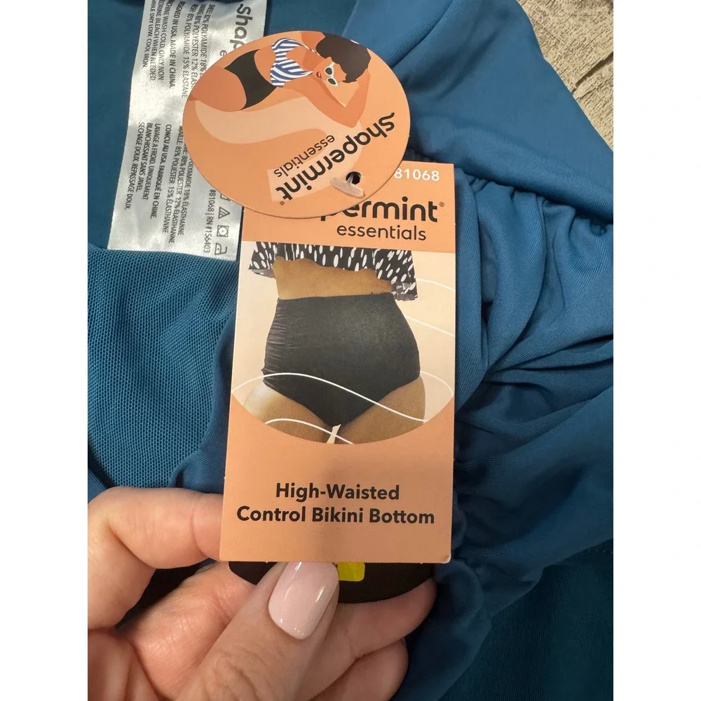 Shapermint Essentials High Waisted Control Bikini Bottom Teal Blue Ruched Medium